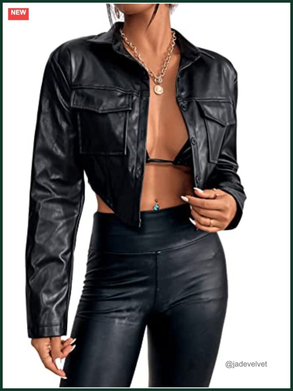 PU Leather Cropped Coat Casual Button Front Jacket Bust Pocket